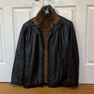 Andrew Marc Mens size M black leather jacket with removable rabbit fur lining